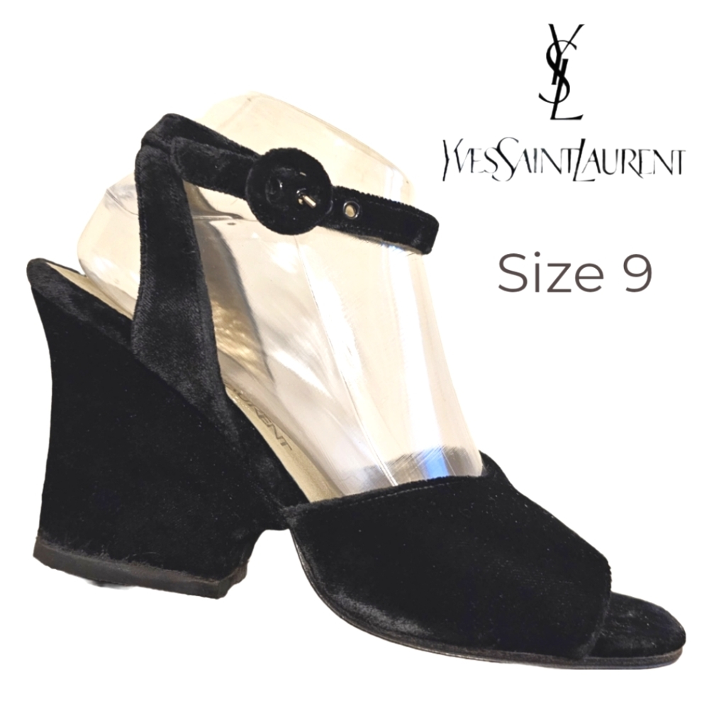 Yves Saint Laurent YSL Black Velvet Wedge Crisscross Ankle Strap Open Toe